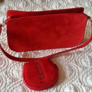Swarovski red suede bag with crystals handle & matching coins holder. New no box
